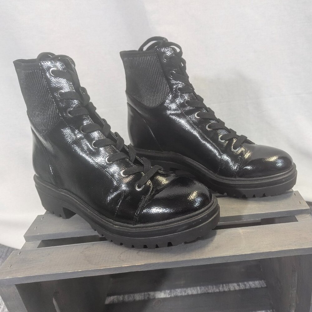 Kenneth Cole Rhode Light Lace Up PG Black Patent Combat Boots Size 7.5